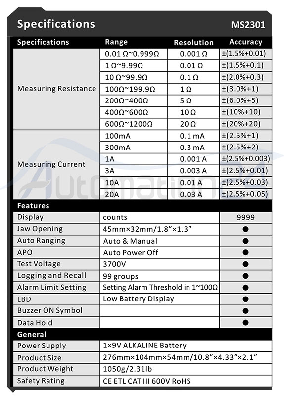 مشخصات ارت تستر MS2301 مستچ مشخصات ارت تستر MS2301 مستچ - فروشگاه اتوماسیون 24 www.automation24.ir